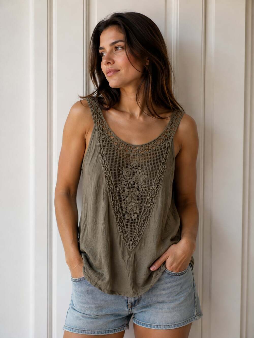Garage Crochet Lace Tank Top Size S Olive Green